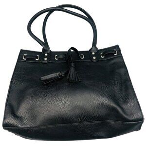 Bueno hand bag tote solid black handles studs 5 pockets tassels 13x11" READ